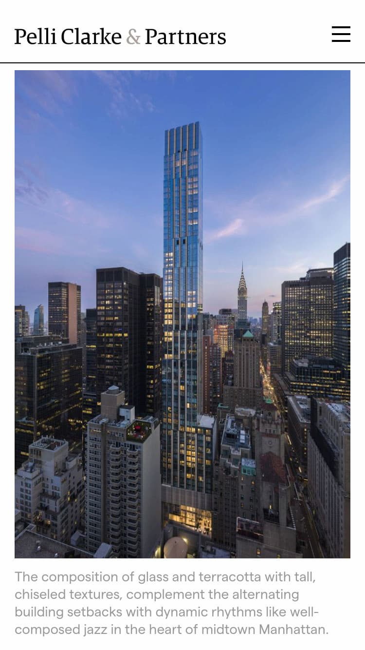 Mobile view of the Pelli Clarke & Partners website